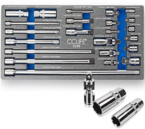 CCLIFE 23 pièces Jeu de Rallonge cliquet 1/4' 3/8' 1/2', Adaptateur de douille avec système à bille et ressort et bougies d'allumage | CR-V