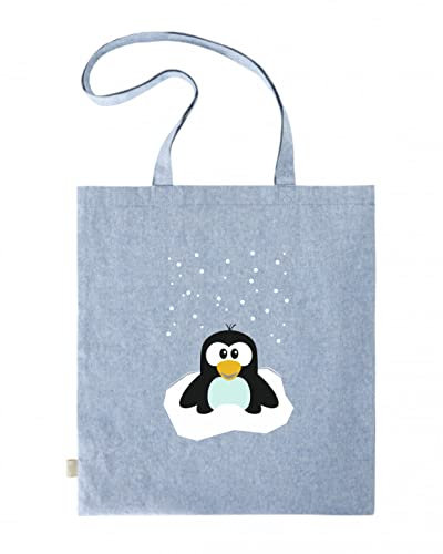Svanhilde Jutebeutel für Mädchen & Jungen | Tragetasche Baumwolle Kleiner Pinguin im Schnee | Stofftasche Kinder-Stoffbeutel | mit langen Henkel (Blau)