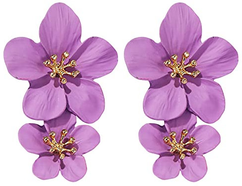 Elegante große Metall-Doppelt-Glanz-Matt-Blumen-Ohrringe, schickes Statement, baumelnde Tropfen, Blumen, Hochzeit, Ohrringe für Frauen, Mädchen, Teenager, Doppelte Creolen (Purple, One Size)