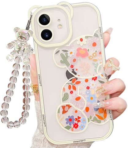 IAIYOXI for iPhone 11 Case with Cute Flowers Bear Pattern, Camera Protector, Clear Case and Lovely Strap Bracelet Chain, Compatible for iPhone 11 for Girls Women (Clear)