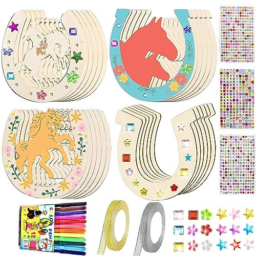 Hufeisen Kindergeburtstag Holz, 24 Stück Unvollendete Hufeisen Holzscheiben, Hufeisen Holz Zum Bemalen mit 12 Aquarellstift+Paillettenaufklebern+Glitzerband für DIY Geburtstag Party Dekoration (A)