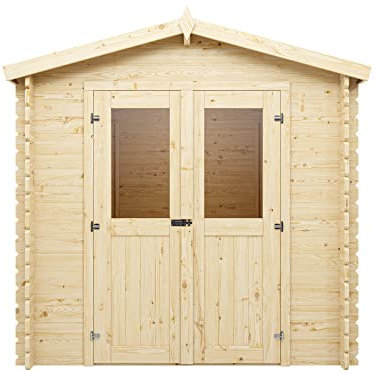 Woodtex Holz Gerätehaus Mini 2 D | Gartenhaus | Wandstärke 28 mm | Blockbohlenbauweise | Naturbelassen | Satteldach | BxTxH: 220 x 220 x 214,5 cm | Inkl. Doppelflügeltür mit Echtglas | Ohne Fußboden