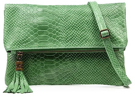 FIRENZE ARTEGIANI. Alzano Umhängetasche Damen Echtleder Wildleder Gravur Schlange 27x5x29cm Farbe: Grün, grün, Utility