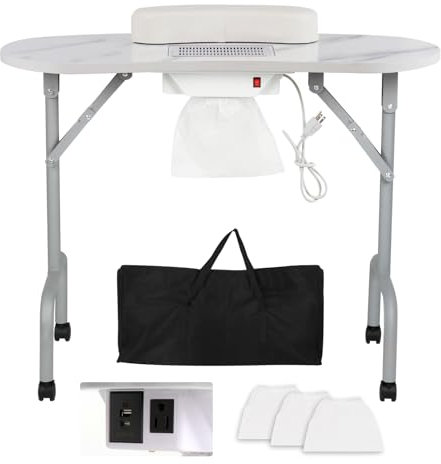 AGESISI Mesa de manicura portátil plegable para uñas con colector de polvo, mesa profesional de tecnología de uñas para técnico, spa, salón de trabajo, bolsa de transporte con almohadilla de muñeca, 4