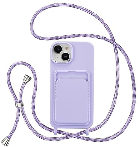 ZTOFERA Crossbody Lanyard Case for iPhone 13 / iPhone 14 with Card Holder, Soft Liquid Silicone Phone Case with Strap Adjustable Neck Cord Necklace Shockproof Protective Cover - Purple