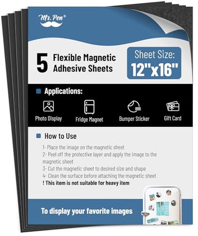 Mr. Pen- Adhesive Magnetic Sheets, 12 x 16, 5 Pack, Magnetic Sheet, Magnetic Paper, Magnet Paper Sheets, Magnetic Sheets with Adhesive Backing, Flexible Magnetic Sheet, Photo Magnets, Magnet Sheet