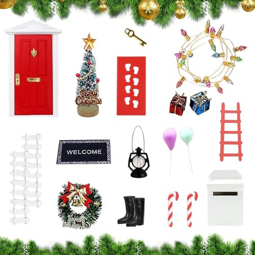Udbrud Wichteltür Zubehör Weihnachten, 22 Pcs Wichtel Tür Rot Weihnachtswichtel Tür Set Wichteltür Nissedor mit Zubehör Weihnachtsbaum, Kranz Miniatur Wichtel Set Wichtelhaus Weihnachtsdeko für Kinder