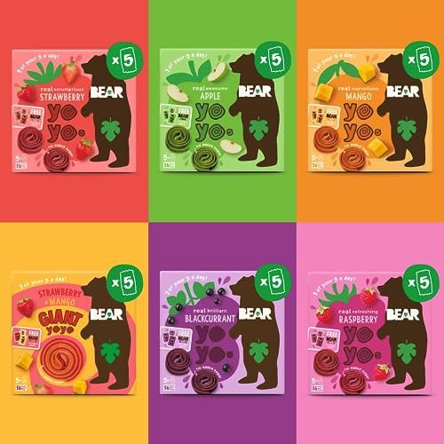 Bear Yoyo Pure Fruit Roll Ups - Yoyo Bear Multipack Pack of 30 - (6x5) 20g. Kids Snacks Finger Rolls. Vegan, Gluten Free, No Added Sugar, 1 of 5 a Day. Inc; Strawberry, Apple, Mango, Blackcurrant.