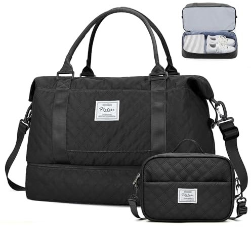 Weekender Bags for Women, Carry-On Personal Item Bag, Overnight Travel Duffel Bag with Shoes Compartment & Trolley Sleeve, A-Schwarz mit Schuhfach, Set (Reisetasche + Kulturbeutel)