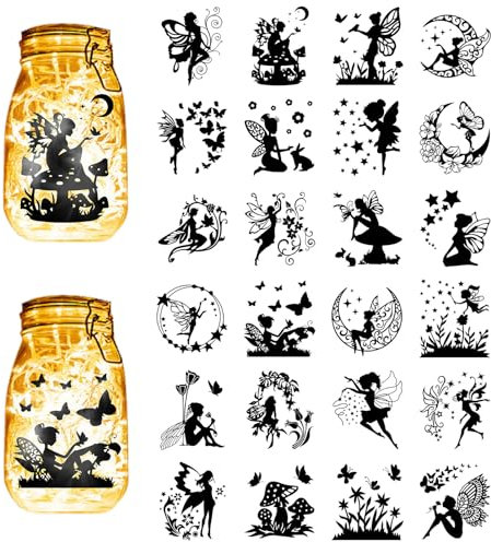 CREATCABIN 24 Stück Feen-Silhouetten,Einmachglas-Dekor,Engel,Laterne,Laserausschnitte,Ornamente,Pilz,Schmetterling,Sammelalbum Für Milchglas,Wand,Fenster,Autos,Schwarz,10x9cm(Ohne Aufkleber)