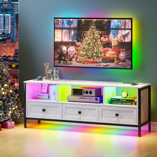 Lvifur LED Mesa TV Salon para televisor de 70 Pulgadas, Modernos Mueble TV Salon con Estación de Carga, Mueble Television con 3 Cajones, Sensor de Luz Automático 150 × 40 × 56 cm Blanco