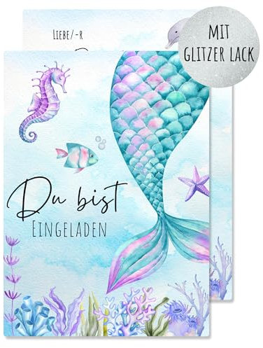 Generisch 12x EINLADUNGSKARTEN für Mädchen Kindergeburtstag - süße Glitzer Karten Set mit Meerjungfrau Motiv