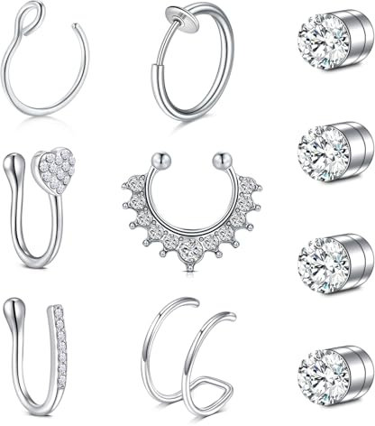 NIUSIMAN Fake Nasenpiercing Magnet Septum Piercing 10 Stück Silber Nasenpiercing Fakes Ring Septum Clicker Nase Piercing Hoop Clip on Nasenring Faux Lip Ohr Septum Ring Keine Piercing Nase Schmuck