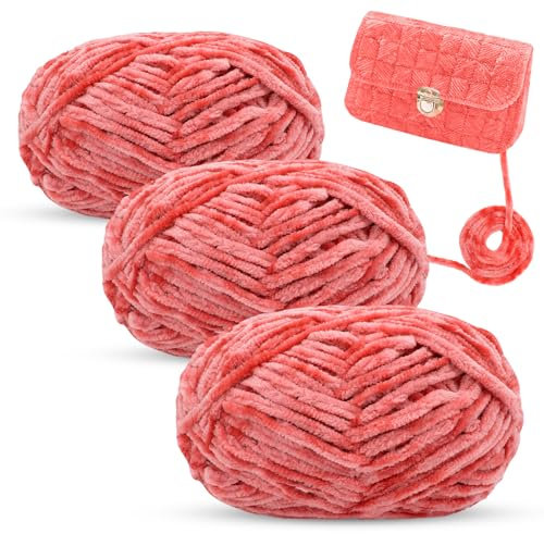 LEREATI Ciniglia Gomitoli per Uncinetto 3x100g Grossa Filato per Borse Uncinetto, Gomitolo di Lana Ciniglia, Cordino per Cappelli, Coperte, Sciarpe (Rosso Brillante)