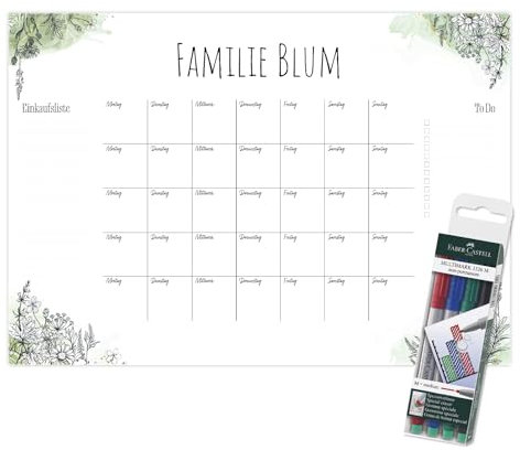 Primus Print - Wunsch Kalender - personalisierter Wandkalender - Abwaschbarer Familienplaner aus Acryl (Floral Fineline)