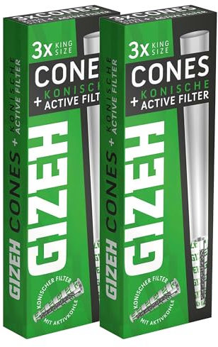 GIZEH Cones Hülle mit Aktivkohlefilter 3 Stück Ø 6mm - King Size Pre Rolled Cone Activ Filter/vorgedrehte konische Hülsen gebleicht (2 Packungen)