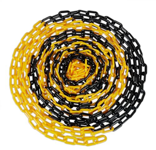 Relaxdays Cadena de Plástico para Señalización, Barrera Obra, Valla Aparcamientos, Colas, 20 m, Negro y Amarillo
