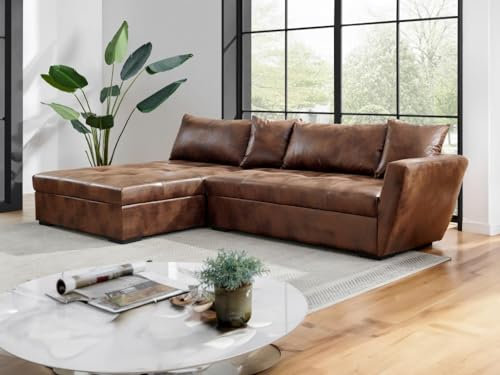 Vente-unique-Ecksofa mit Schlaffunktion - Mikrofaser - Braun mit Vintage-Look - Ecke Links - Romane II