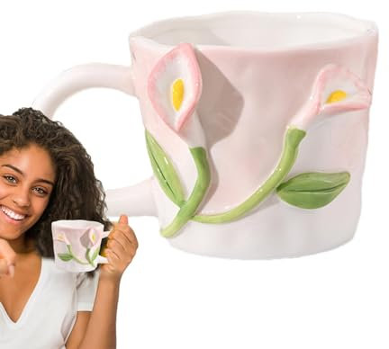 jlceh Taza de flores 3D,Taza de cerámica de flores 3D - Tazas de leche de flores hechas a mano | Tazas de leche de flores, 12 oz, flor linda de lirio de cala, cerámica artesanal para adultos y niños,