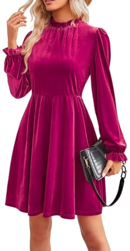 Alaster Queen Vestido de noche de terciopelo para mujer, de manga larga, para boda, cintura elástica, vestido de cóctel, Rojo Violeta, M