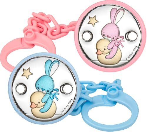 Pinza de Chupete con Aplique Laminado en Plata de Ley 925‰, Diseño de Conejito, Disponible en Azul y Rosa (E3205)