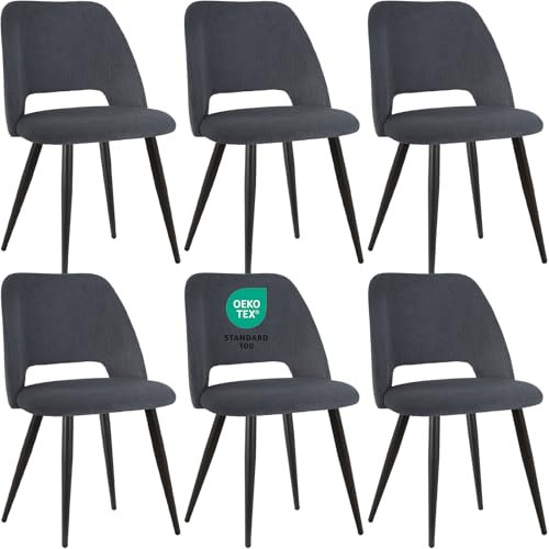 JIJIAN Esszimmerstühle 6er Set, Stühle Esszimmer, Küchenstühle, Wohnzimmer Essstühle mit Ausschnitt Rückenlehne Streifen Samt Stuhl, Gepolsterte Stühle für Esszimmer, Küche, Schlafzimmer, Schwarz