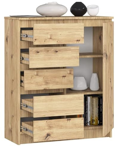 BDW - Cassettiera con 5 cassetti e 1 anta - 80 cm di larghezza, 97 cm di altezza - Armadio, credenza, multiuso, scarpiera, cassettiera, armadietto - soggiorno, camera da letto, corridoio (rovere