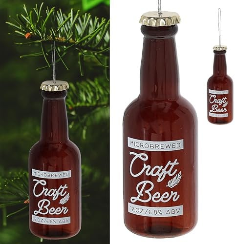 Décoration de Noël en forme de bouteille de bière « Craftbeer » | Verre 13 x 4,5 cm marron blanc | Décoration d'arbre de Noël (1 bouteille de bière)