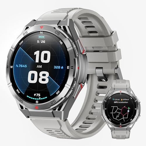 OUKITEL GPS Smartwatch Herren BT12-5ATM Wasserdicht Militär Fitnessuhr, 1,43 Zoll AMOLED Display mit Herzfrequenz Oxymetrie Schlafüberwachung Kompass Luftdruck, 480mAh Akku 100+ Sportmodi