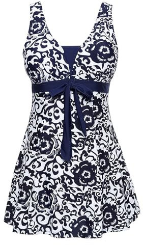 AMAGGIGO Women's Polka Dot One Piece Swimsuit Tummy Control Swimwear Swimdress with Skirt Swimming(1dark Blue,24(5XL))