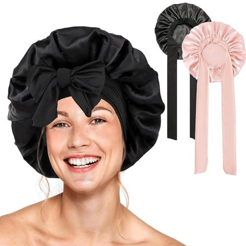 Barlone 2 Stück Seidenhaube zum Schlafen Lange Haare, Bonnet Seide, Silk Bonnet Bequem und Weich, Hair Bonnet, Schlafhaube Seide Verstellbares Breitband zur Befestigung am Kopf(Hellrosa/Schwarz)