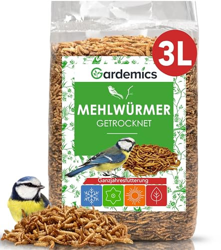 Gardemics Mehlwürmer getrocknet 3 Liter - 460g - Premium Insektenfutter für Vögel, Fische, Schildkröten, Nager, Igel, Reptilien, Vogelfutter Mehlwürmer getrocknet