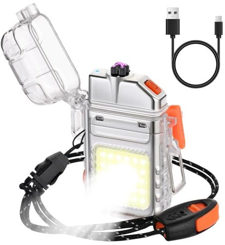 Vicloon Electric Lighter, USB Plasma Arc Lighter, 3 Modes Flashlight Windproof and Waterproof Lighters, Rechargeable Lighters for Camping Hiking Outdoor Survival, Gifts for Men Him Dad Husband(White)