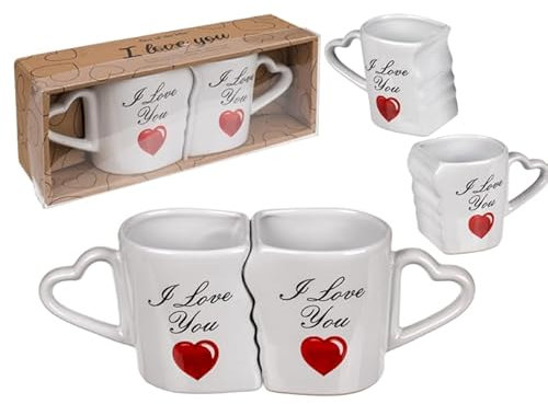 BLUECHOLON I Love You, tazza a doppio cuore, in ceramica, San Valentino, festa degli innamorati, anniversario, 310 ml, in gres