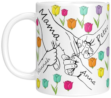 LIEBTASTISCH - Personalisierte Tasse für Mama oder Oma - Geschenk zum Muttertag, Geburtstag, Weihnachten, von Enkelkinder - Bis zu 6 Kinder (Tulpen)