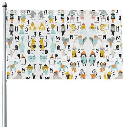 Niedliche Cartoon-Tier-Alphabet-Flagge, bedruckt, 90 x 152 cm, Outdoor-Flagge, Garten, Terrasse, Innenbereich, Heimdekoration, alle Jahreszeiten