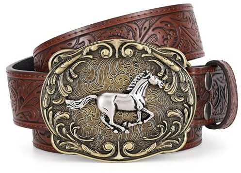 SANSTHS Cowboy Gürtel Western Lederschnallengürtel Cowgirl Gürtel 110 cm Wild Pferd Stier-Schnalle Blumenprägung für Herren Schwarz Cowboy Outfit Damen Pferd Braun M