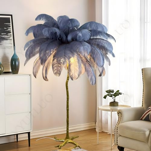 YYUTLUO Stehlampe Mit Grau Federn, Körper Aus goldenem Kunstharz+Natürliche Straußenfeder+Metallsockel, 3 Farbtemperaturen, E14-LED-Birnen*3, Wohnzimmer Esszimmer Aktivität Kinderzimmer (H120*Ø75cm)