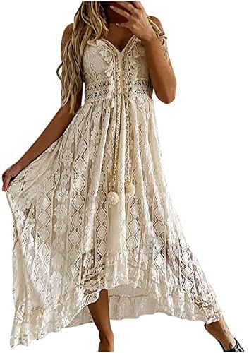 Générique Robe Longue Femme Ete Boheme Chic et Elegant Robe de Plage Dentelle avec Pompon Col en V évasé à Volants Bretelles Spaghetti Sexy Dos Nu Robes Trapeze Legere Fluide