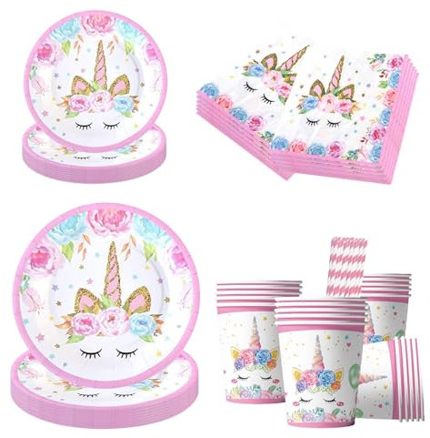 100 Pcs Party Tableware Set, Disposable Tableware for 20 Guests, Unicorn Party Plates with Paper Plates, Cups, Napkins and Straws