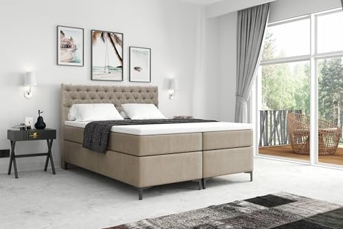 VLR BEDS Boxspringbett mit Bettkasten Chesterfield Plus (Beige, 140 x 200 cm)