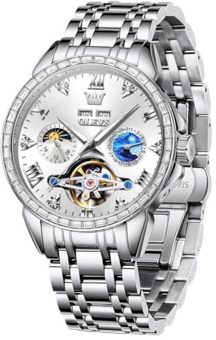 OUPINKE Herren Luxus Uhr Gold Diamant Automatik Mechanisch mit Datum Mondphase Edelstahl Leuchtend Wasserdicht Business Armbanduhr