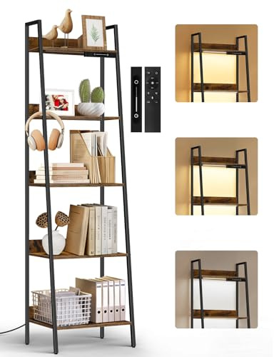OUTONLIFE Piccola Libreria a Scala a 5 Ripiani con Luce LED, Touch e Telecomando, 3 Temperature di Colore, Scaffale Angolare Alta Dimmerabile in Metallo e Legno per Soggiorno e Camera da Letto