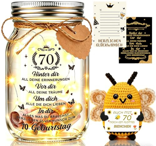 Johiux 70 Geburtstag Frau Mann LED Flaschenlicht Geburtstag mit Positiver Kartoffel Biene,Pocket Hug Positive Glücksbringer Biene Geburtstagskarte Lustige Geldgeschenke Verpackungen 70 Jahre