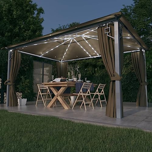 QJBSAVVA Pavillon mit Vorhängen & LED Lichterkette 4x3 m Taupe Alu Stahl Sonnensegel Gartenpavillon wetterfest für Grillen Feiern Camping und Outdoor Events
