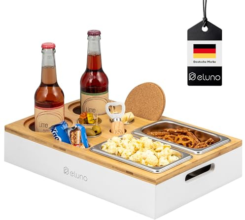 eluno Couchbar mit abnehmbarem, magnetischem Deckel, Serviertablett, inklusive 2 Snackschalen, 3 Dipschälchen, 2 Getränkehalter mit Korkuntersetzer,1 Flaschenöffner aus Bambus (Bambus-Weiß)