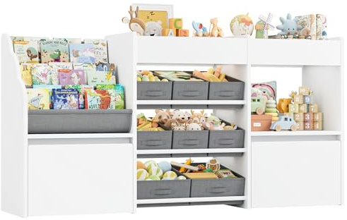 HOCSOK Toy Storage Unit with 3-Tier Kids Bookshelf and 8 Fabric Drawers | MDF, Kids Storage Unit with 2 Rolling Toy Chests, Childrens Bookcase for Playroom, Nursery, Wood, White 80H x 158W x 29.7D cm