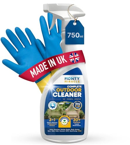 Monty Miracle® Outdoor Cleaner, 750ml. Clean & Rejuvenate your Patio, Decking, Fencing, Paths, Driveway, Render & More - Results in 6-10 Minutes! Slip free (1 x 750ml + Monty Approved Gloves)