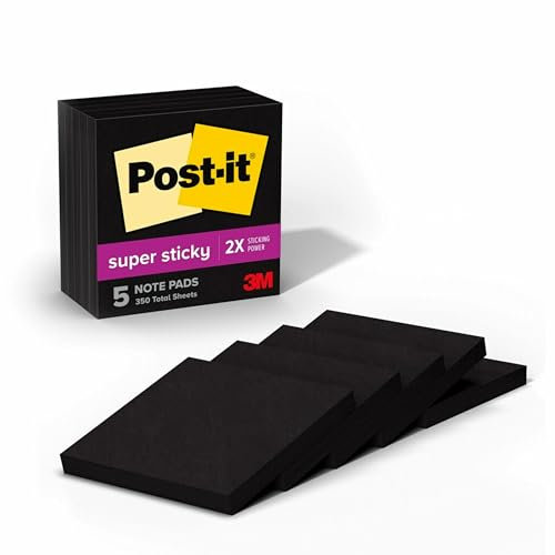 Post-it Super Sticky Notes, 7,6 x 7,6 cm, 5 Blöcke, 2 x Haftkraft, schwarz, recycelbar (654-5SSSC)