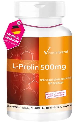 Vitamintrend L-Prolin 1000mg pro Tagesdosis, 180 Tabletten hochdosiert, Aminosäure, veganes Nahrungsergänzungsmittel ohne Zusätze, in Deutschland hergestellt